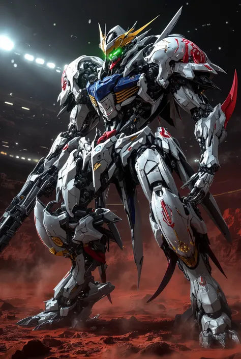 Robot Like Gundam Barbatos ,high-resolution photorealistic detailed depiction3D rendering style ,hyperrealism art,mechanical details of Gundam Barbatos' face,Accurate Proportions of Gundam Barbatos,accurate shiny white armor and、red, Blue, Gold Accents. g...