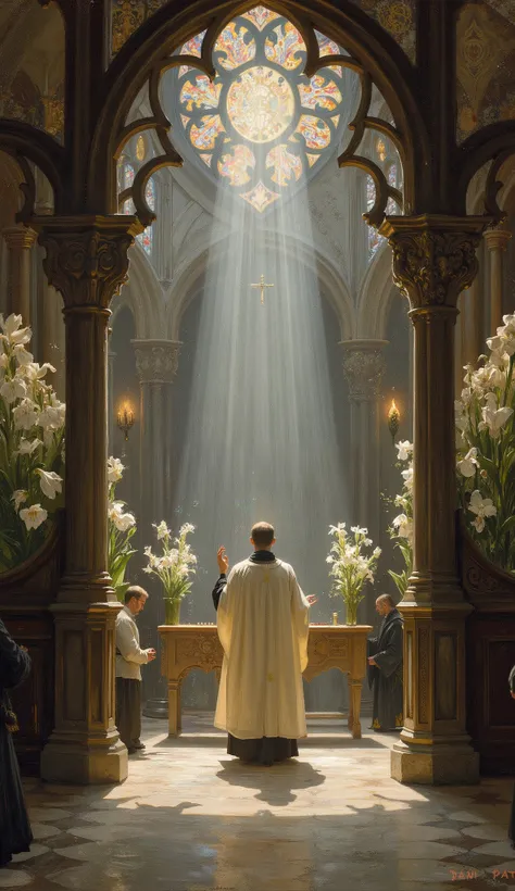 Pre Raphaelite European art style, irus flowers art nouveau frame.
a priest perform a ceremony in cathedral. Light beam shines on him.