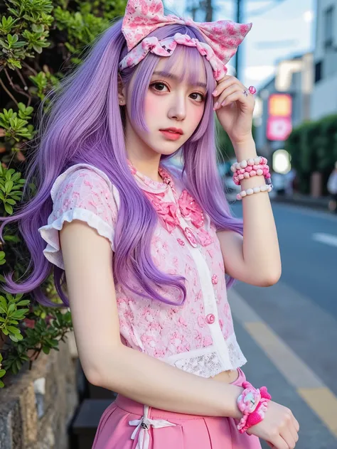Pink,Bright purple,Harajuku fashion,Cute Japanese Women,big eyes,small nose,red lips,Fluffy hair,cute expression,Fashion accessories held in hands, outdoor light background,soft lighting for the landscape,bokeh effect,Fashion Photos,high resolution,Realist...