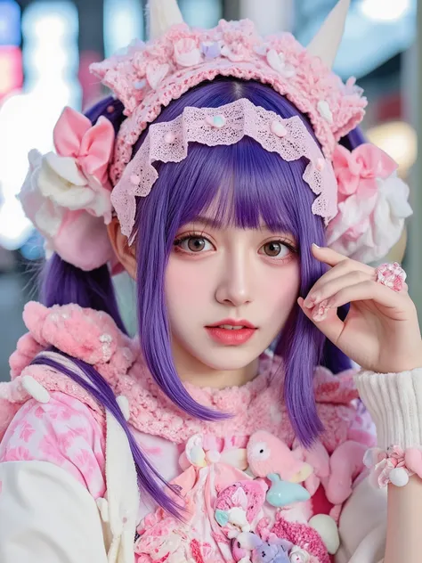 A young Japanese woman with big eyes, a small nose, and red lips stands outdoors wearing pink and bright purple Harajuku fashion clothes. Her fluffy hair frames her face and gives her an adorable expression. Her hands hold various fashion accessories. In t...
