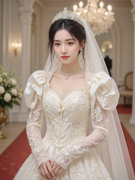 4K raw photo. Realistic.
A cute Japanese woman wearing a luxurious, pure white wedding dress with subtle gold embroidery that accentuates her lines and a wedding veil. She has long, straight black hair.
She is standing on the red carpet in the hall of a We...