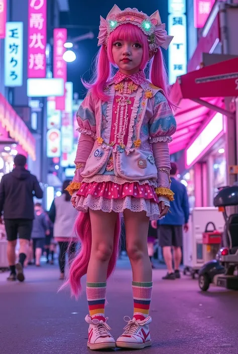 Alya stood at the entrance of Takeshita Street, her eyes wide with wonder. Neon signs blinked in pinks and blues above her head, and the scent of sweet crepes and sizzling takoyaki wafted through the spring air. Around her, agers dressed in frilly ta dress...