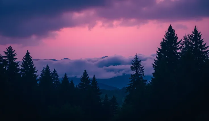 This photo captures an amazing, forest scene, fog at dawn or dawn. Dusk. This picture features a dense forest of tall trees, pine trees, dark green, , their shadows are sharp, contrasting with the amazing sky.. . The sky is a dark forest weaving image, , s...
