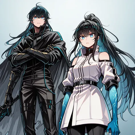 sozinho, 1 menino, jovem character, Character with height of Nian de "arknights", the character is male, jovem, black hair with blue inner part, with Alice Zuberg's hairstyle from "Sword Art Online", hair tied in a long ponytail, the character's face must ...