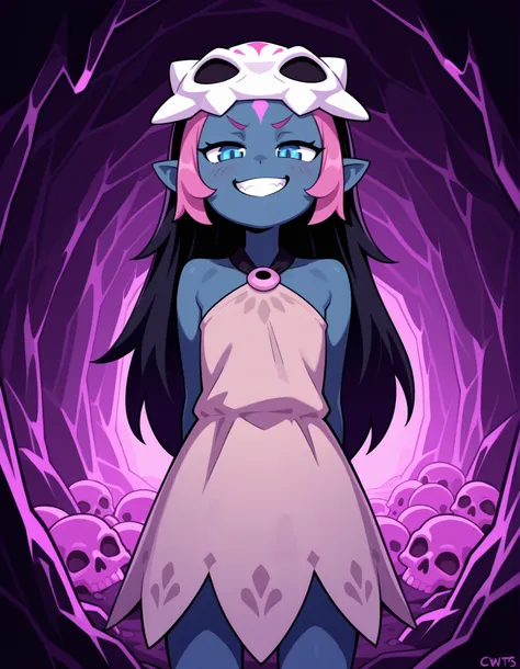 CWITS, ((best quality)), absurdres,     blue eyes, blue skin,short pink hair, forehead mark,pointy ears, long black hair, mask on head,mask, short beige dress, sleeveless, bare shoulders, halterneck, skull, inside a cave, purple lights, pink rocks,smile,te...
