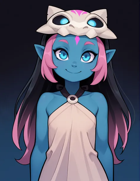 CWITS, Coqueline, blue eyes, blue skin, pink hair, forehead mark,pointy ears, black hair, two tone hair,long hair, barefoot, mask on head,mask, short beige dress, sleeveless, bare shoulders, halterneck, skull, 1girl, solo, facing viewer, looking at viewer,...