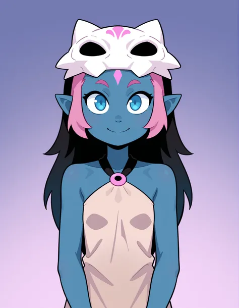 CWITS, Coqueline, blue eyes, blue skin, pink hair, forehead mark,pointy ears, black hair, two tone hair,long hair, barefoot, mask on head,mask, short beige dress, sleeveless, bare shoulders, halterneck, skull, 1girl, solo, facing viewer, looking at viewer,...