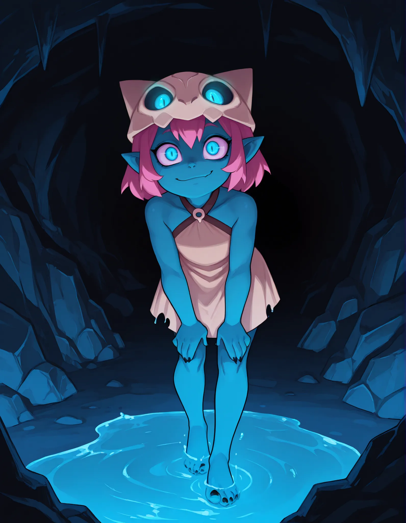 CWITS, Coqueline, 1girl, blue skin, pink hair, blue eyes, skull hat, pointy ears, short beige dress, sleeveless, bare shoulders, halterneck, (on all four), leaning forward, smirk, closed mouth, crazy eyes, cave, inside cave, water puddle, glowing eyes, sl...