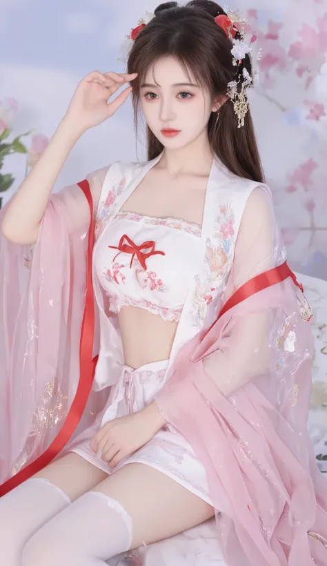 transparent robe , 1 Muppet girl, [[[Red Bow, Eyes, 红色flowers,  red ribbon , Chest,   Chinese clothing  ,   Chinese clothing  , skirt, flower, Gradient   , Gradient    background, embroidered ball flower, Watch the audience, white pantyhose, Rose, A single...