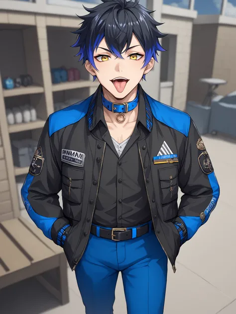 Anime man with thin black hair, yellow sharp eyes, emotionless and cold personality. Has one purple highlight, solo, blurry background, angle view, on computer, dorm uniform, The jacket is mainly black with blue underlining, All over the outside of the jac...