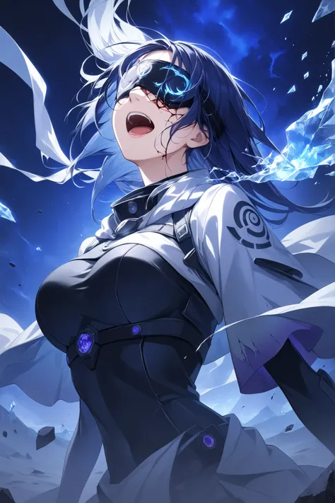 (masterpiece), (RAW 8K), (anime-real fusion), (ultra photorealistic), medium shot, moody cinematic lighting. Hinata Hyuga as the Voidwalker, frozen mid-maniacal laughter. Head tilted back slightly, mouth open wide in a twisted, cathartic laugh. She wears a...