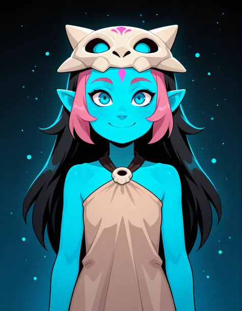 CWITS, Coqueline, blue eyes, blue skin, pink hair, forehead mark,pointy ears, black hair, two tone hair,long hair, barefoot, mask on head,mask, short beige dress, sleeveless, bare shoulders, halterneck, skull, 1girl, solo, facing viewer, looking at viewer,...