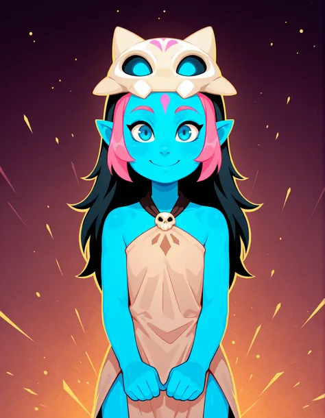 CWITS, Coqueline, blue eyes, blue skin, pink hair, forehead mark,pointy ears, black hair, two tone hair,long hair, barefoot, mask on head,mask, short beige dress, sleeveless, bare shoulders, halterneck, skull, 1girl, solo, facing viewer, looking at viewer,...