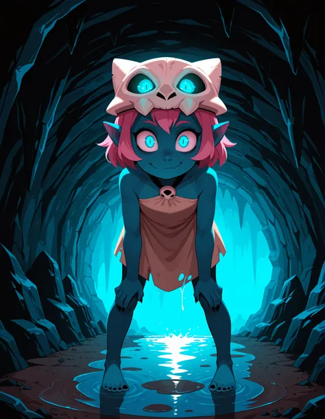 CWITS,  Coqueline, 1girl, blue skin, pink hair, blue eyes, skull hat, pointy ears, short beige dress, sleeveless, bare shoulders, halterneck, (on all four), leaning forward, smirk, closed mouth, crazy eyes, cave, inside cave, water puddle, glowing eyes, sl...