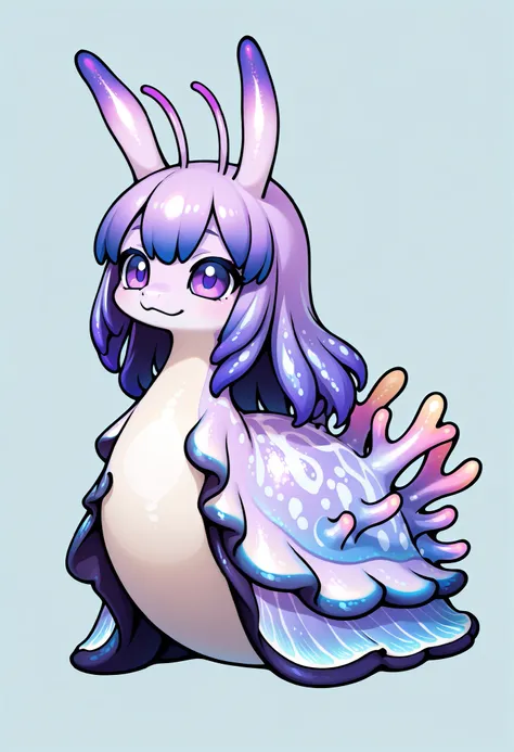 Sea slug girl. Antenna. Black and purple image colors. Female kemono style. Dragon elements. Deformed character. Full body image.