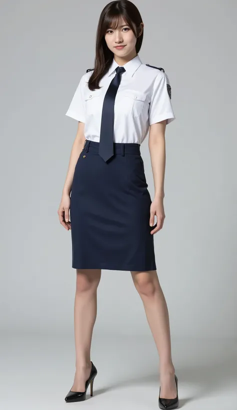 sexy and beautiful Japanese woman , 5, self-defense officer , uniform, Navy tie , white shirt, Short Sleeves, dark blue pencil skirt , black enamel high heels , textured skin, super detail , High Details , High Quality , 最 High Quality , high...