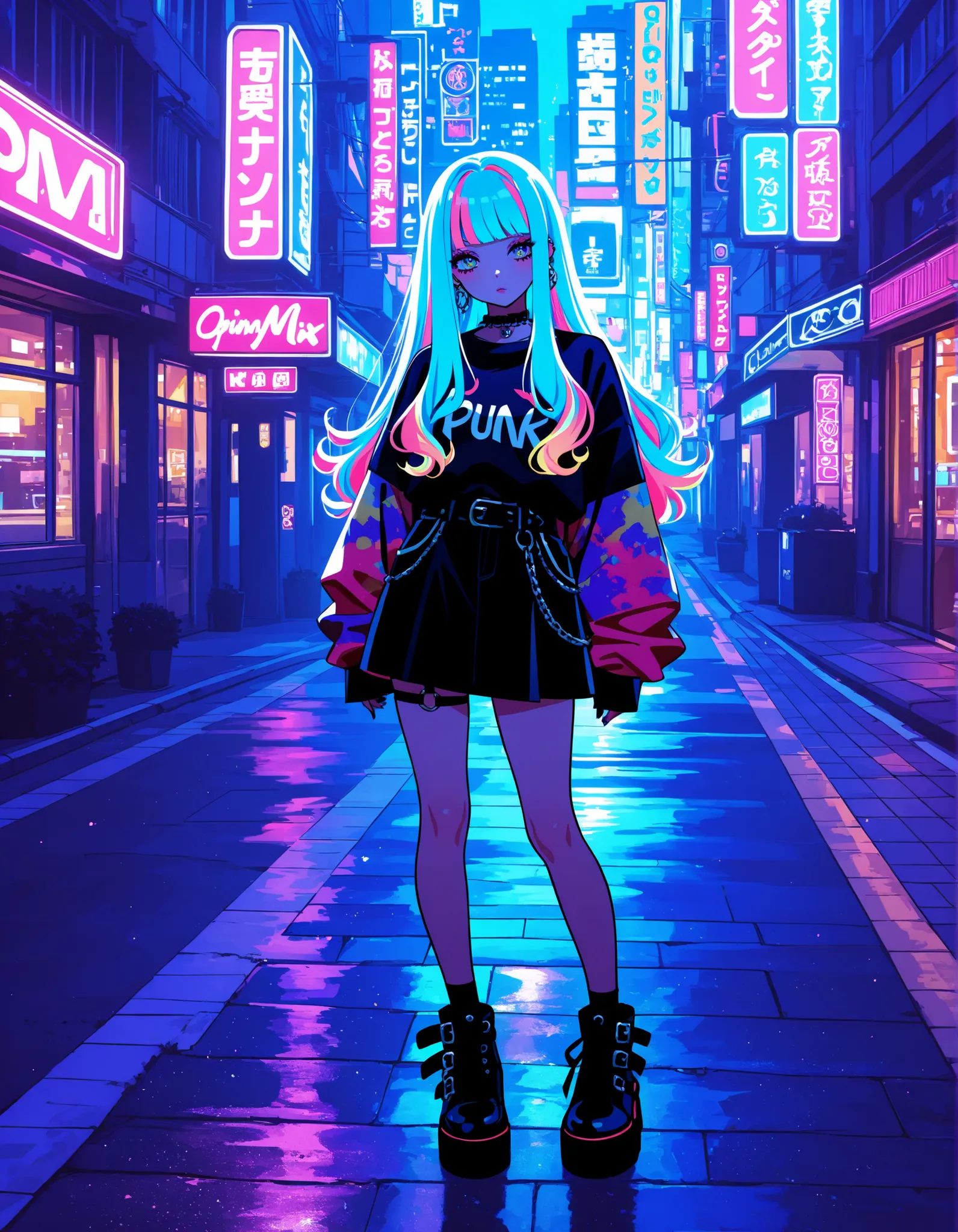 Harajuku streetwear fashion queen, full body, Tokyo urban background, colorful layered outfits with punk and kawaii mix, oversized accessories, neon hair, vibrant makeup, street style confidence, cinematic lighting, DSLR photo style, anime inspired, 