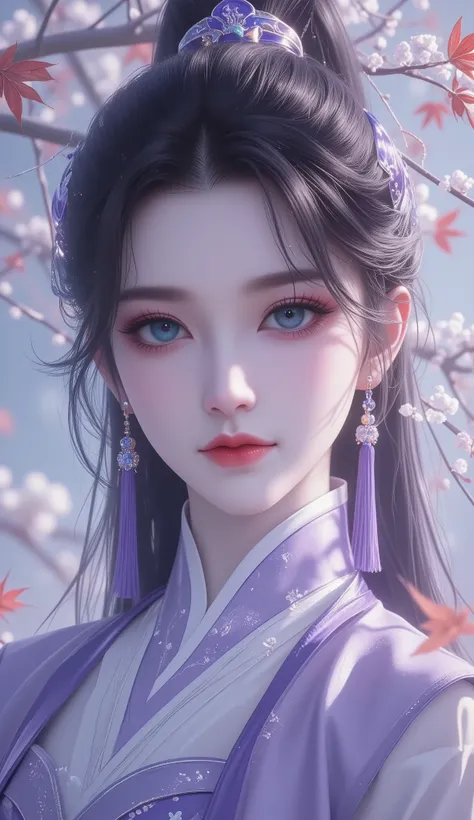 Chinese Fairy Tales character, extremely details, high detailed face, mature woman, cool beauty, living expressions, (cold gaze, cold eyes, aqua eyes), expressionless, (black hair), highlight, high ponytail, shiny silky, long hair, tassel earrings, Hair tu...