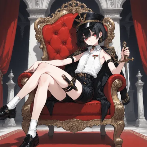 ((Best quality)), ((masterpieces)), (detailed), perfect face, SOLO, ((femboy)), tomgirl, ANIME, beautiful detailed eyes, BOB hair, BOBed hair, black hair, RED EYES, BARE thighs, (((BARE LEG))), ((BLACK short pants)), (((dress shirt))), ((Flat chest)), Chok...