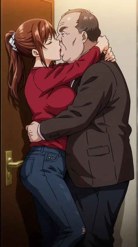Hisato Azuma wearing, red shirt, mangas cortas, fitted jeans. Fat old man in a suit Standing in front of, forced, rape, Kiss and hug, kiss the lips  