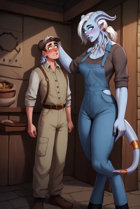 best quality, ((female Draenei)), (((medium breasts))), draenei, blushing, ((woman with blue skin)), freckles, ((Shaggy, unkempt white hair)), long thicc tail, ((very sweaty)), dungeon, ((green eyes)), (Brightly lit room), ((male human)), ((taller female))...