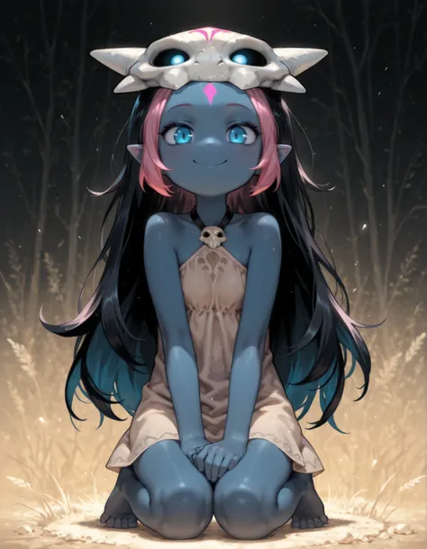 masterpiece, best quality, very aesthetic, 1girl, CWITS, Coqueline, blue eyes, blue skin, pink hair, forehead mark,pointy ears, black hair, two tone hair,long hair, barefoot, mask on head,mask, short beige dress, sleeveless, bare shoulders, halterneck, sku...