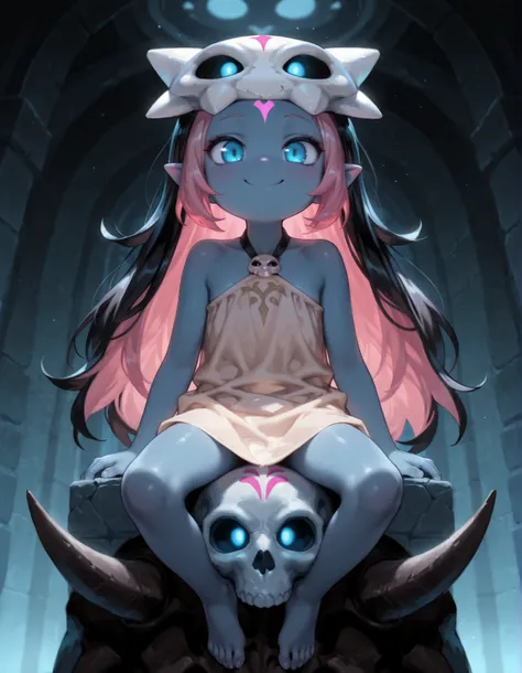 masterpiece, best quality, very aesthetic, 1girl, CWITS, Coqueline, blue eyes, blue skin, pink hair, forehead mark,pointy ears, black hair, two tone hair,long hair, barefoot, mask on head,mask, short beige dress, sleeveless, bare shoulders, halterneck, sku...