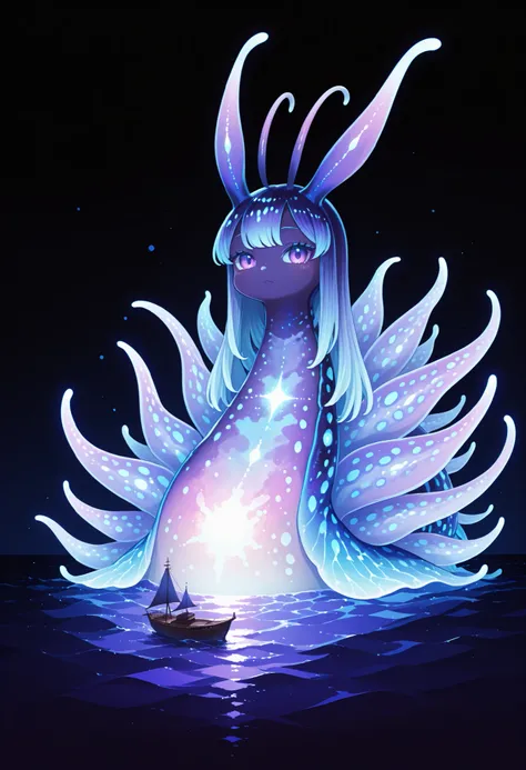 Sea slug girl. Antenna. Black and purple image colors. Female kemono style. Deformed character. Tiny limbs. finned tail. Glowing tentacles. Bioluminescence. Glowing spines. Night sea. Kaiju composition. Small boat. Silhouette of a sailing ship.