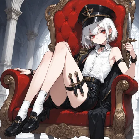 ((Best quality)), ((masterpieces)), (detailed), perfect face, SOLO, ((femboy)), tomgirl, ANIME, beautiful detailed eyes, BOB hair, BOBed hair, white hair, RED EYES, BARE thighs, (((BARE LEG))), ((BLACK short pants)), (((dress shirt))), ((Flat chest)), Chok...