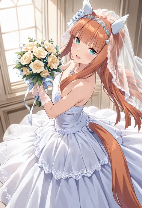 (masterpiece, best quality, perfect face:1.4), wide angle, silence suzuka \(umamusume\), horse ears, ear cover, white headband, small breasts, horse tail, tail on the lower back, proportional body, proportional,1 girl, beautiful hair, beautiful face, beaut...