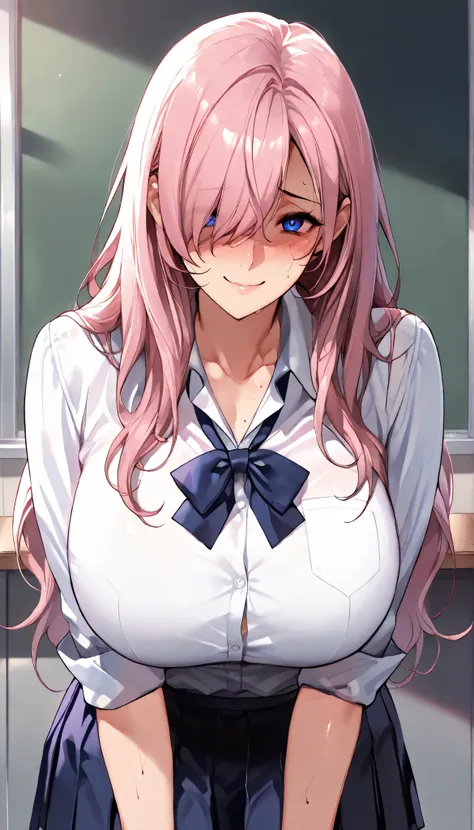 SOLO,Modern Backgrounds,A female with slim body(older girl),blue eyes,huge oppai,shiny skin,(Wearing A loose JK skirt),(White school uniform),In The school,(yandere),light smile,Pink long hair, hair over one eye),slightly tilted forward,UHD, SOLO, anatomic...