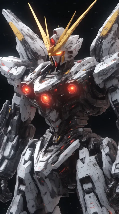 (Highest Quality,masterpiece, complicated,super detail,Realistic,RAW pictures,8K ultra HD,超high resolution,photorealistic style,bj_Gundam_SDXL,(( giant bazooka )), Fin Funnel 、Psycho Frame Included、 Alone, yellow_eye, Depth of_body, No_Human, Shine, Robot,...