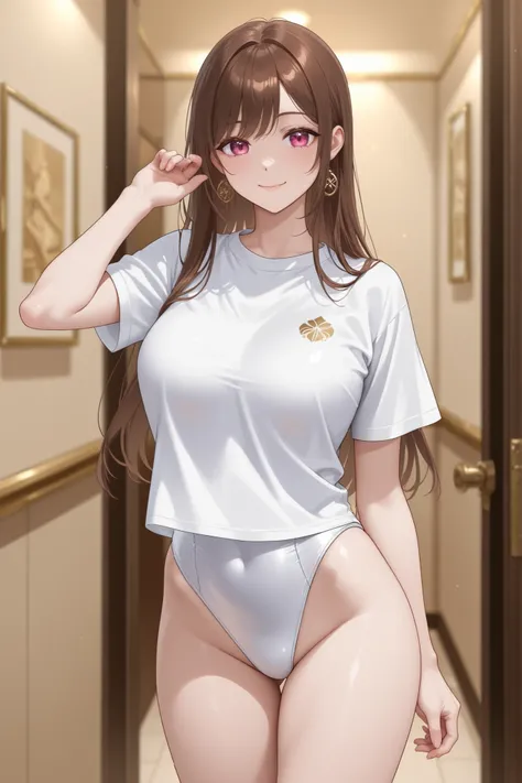 brown-haired Japanese woman in uniform、Luxury Resort Hotel、bewitching smile、red and white high leg school swimsuit