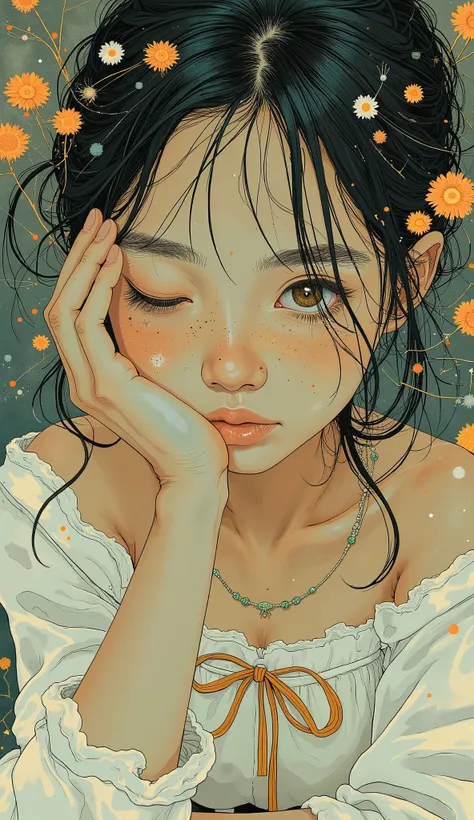 Super Detailed, High Quality, (Illustration of a girl putting her hand on her chin and looking worried), Poetic Atmosphere,  delicate and accurate brushwork , neo-expressionism, soft medium hair, Lashes, off-shoulder blouse, Patterns where biological forms...