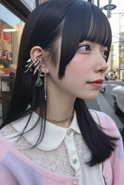 photo-realistic, cinematic bust-up side profile of a calm and graceful Japanese girl with neat straight black hair and soft bangs, wearing a pastel knit cardigan over a white blouse with lace collar, her expression serene and composed, but her exposed ear ...