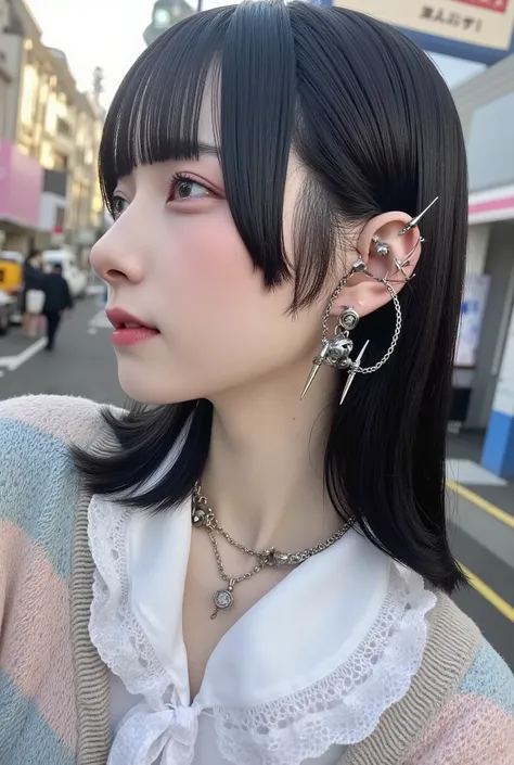 photo-realistic, cinematic bust-up side profile of a calm and graceful Japanese girl with neat straight black hair and soft bangs, wearing a pastel knit cardigan over a white blouse with lace collar, her expression serene and composed, but her exposed ear ...