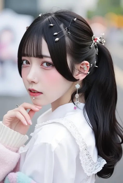 photo-realistic, bust-up portrait of a demure Japanese girl turning slightly over her shoulder with a soft, serene expression, wearing a neat white blouse with lace trim and a pastel cardigan, her long silky black hair tied loosely, exposing her ear adorne...
