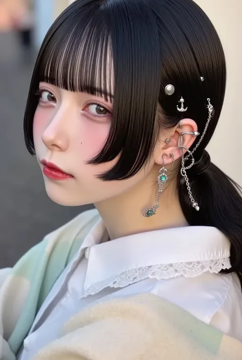 photo-realistic, bust-up portrait of a demure Japanese girl turning slightly over her shoulder with a soft, serene expression, wearing a neat white blouse with lace trim and a pastel cardigan, her long silky black hair tied loosely, exposing her ear adorne...