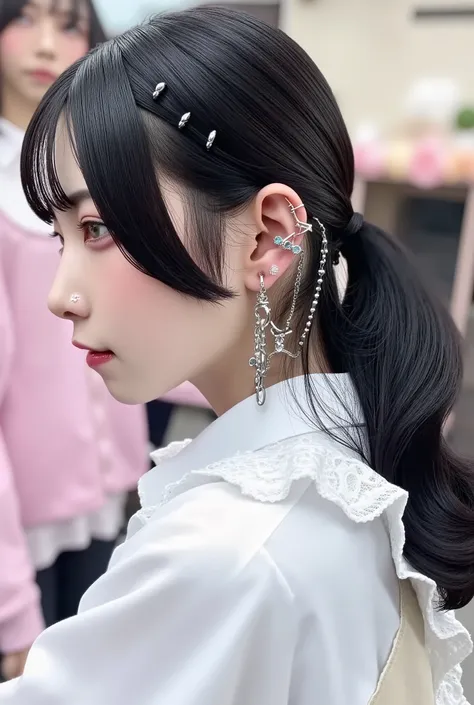 photo-realistic, bust-up portrait of a demure Japanese girl turning slightly over her shoulder with a soft, serene expression, wearing a neat white blouse with lace trim and a pastel cardigan, her long silky black hair tied loosely, exposing her ear adorne...