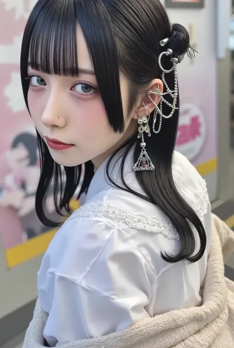 photo-realistic, bust-up portrait of a demure Japanese girl turning slightly over her shoulder with a soft, serene expression, wearing a neat white blouse with lace trim and a pastel cardigan, her long silky black hair tied loosely, exposing her ear adorne...