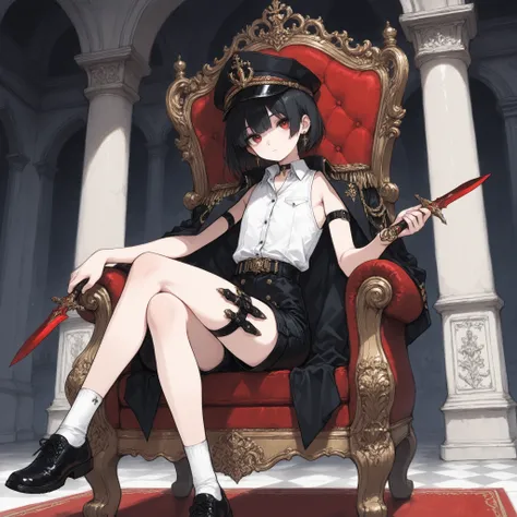((Best quality)), ((masterpieces)), (detailed), perfect face, SOLO, ((femboy)), tomgirl, ANIME, beautiful detailed eyes, BOB hair, BOBed hair, black hair, RED EYES, BARE thighs, (((BARE LEG))), ((BLACK short pants)), (((dress shirt))), ((Flat chest)), Chok...