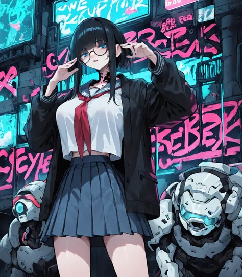 blue eyes、(dark haired、glasses) 、((school uniform、cyberpunk style、Armor、extremely large breasts))、Anime Style、High Definition、High Quality、1girl、sexy、NSFW、cowboy shot