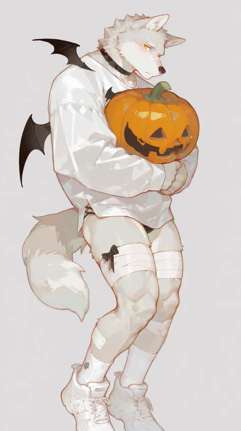 solo,furry,wolf,1boy,bara,muscular,tall,
halloween costume,white sneakers,black demon wings,black choker,bandaged thighhighs,bandage,looking at viewer,white socks,no pants,closed mouth,object hug,pumpkin,
blush,multiple views,