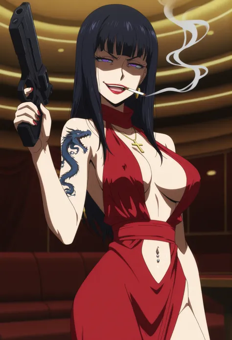 black hair,long hair,purple eyes,red sleeveless dress,,ear piercing, long hair, , lipstick,Hot girl, baddie, smoking, sensual, attractive ,cross necklace, masterpiece, best quality, highly detailed, a girls in long dress with navel cutout posing for a pict...