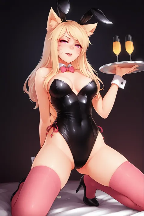 ahri from legend of legends, high heels, blonde, naked, medium breasts, pink stockings, tiny waist, play boy bunny suit, black leotard, bunny ears, photorealistic,4k,ultra-detailed,highly detailed face,sensual expression,provocative pose,soft lighting,pink...