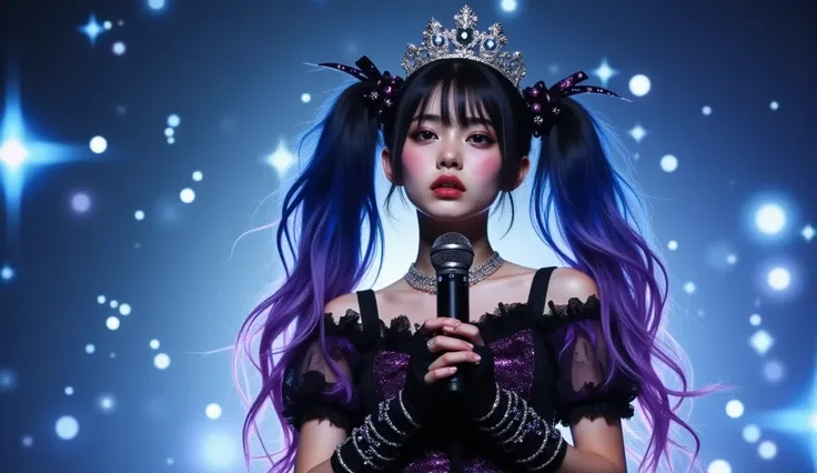 ultra-realistic, photorealistic, dramatic scene, shadow, global-illumination, 1 girl\(famous Japanese idol girl, dark victorian doll outfit, gothic fantasy style, lace frilled black and violet corset-style top with metallic accents, sheer puffed sleeves, glittery tulle overlay, silver tiara with planetary motifs, choker with glowing gem, fingerless gloves, arm cuffs with cosmic patterns, long twin tails with deep blue with gradient to lavender with star clips and slightly curled ends, boyish cool face, bad girl, medium breasts, painful expressions, holding a microphone with both hands\), (close-up portrait), bokeh, pov, face focus, headshot, face in focus, (she is about to sing while holding a microphone), On an open-air stage set against the breathtaking backdrop of a real star-filled sky and the Milky Way, the performer stands beneath a massive LED screen displaying cosmic visuals. her shimmering costume catches the light, blending seamlessly with the celestial scenery. 