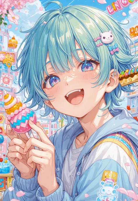 ((boy before the tournament:1.4)), Harajuku style、Fluffy hair、lots of hairpins on bangs、Hold the rainbow colored adhesive plaster on your face、colorful、multicolored、pastel、Hold a candy in one hand、cute、 pop、laughing