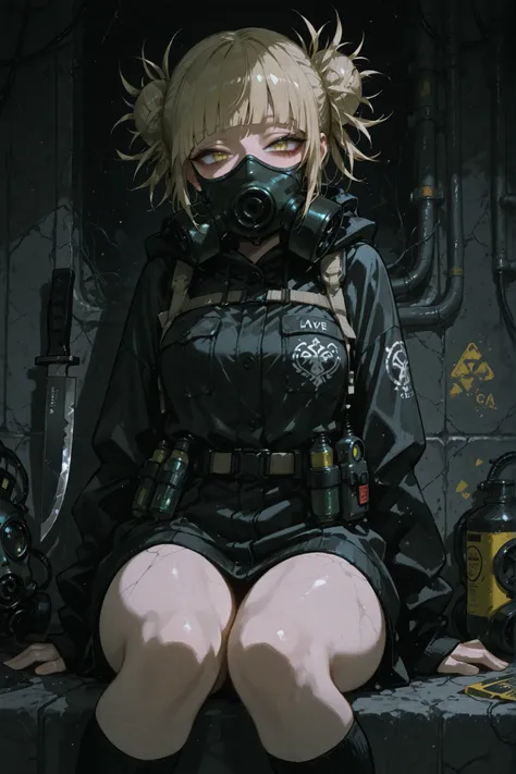 survival knife、bad smile、Toga Himiko、Tōga-chan 、Dark Atmosphere、Gas mask、thighs