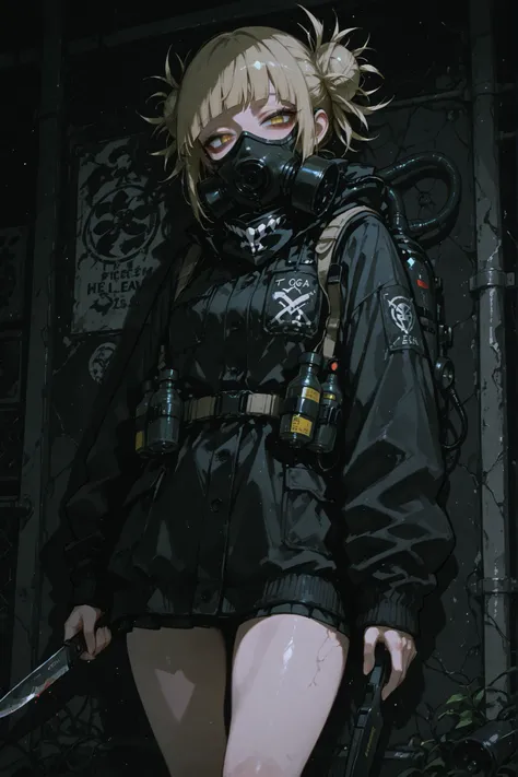 survival knife、bad smile、Toga Himiko、Tōga-chan 、Dark Atmosphere、Gas mask、thighs