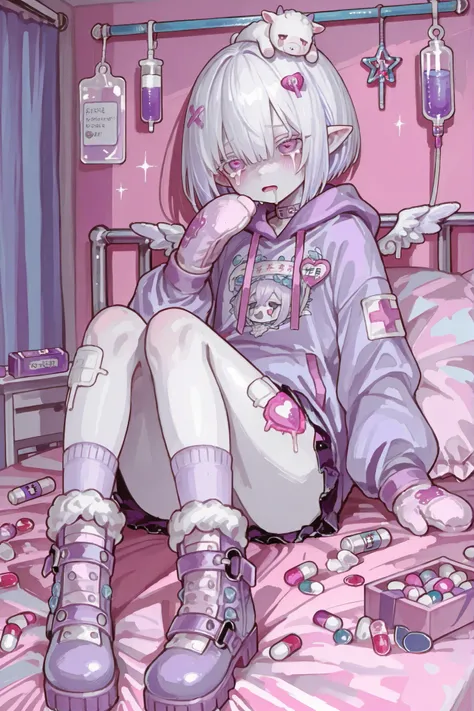 The girl is albino, she has white skin and slightly pointed ears, her eyes are indigo-blue, and her eyelashes are white. She has short white hair, a short bob haircut and small ponytails on the sides of her head. She is wearing a pastel pink/baby blue/volu...